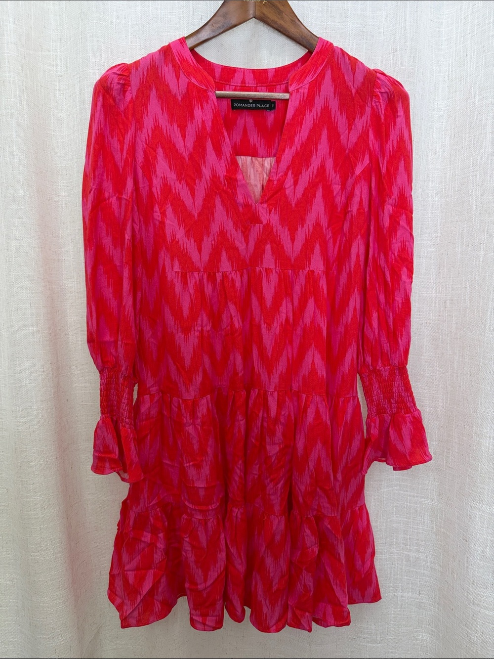 Pomander Place Bright Pink and Red Zigzag Tiered Long Sleeve Dress